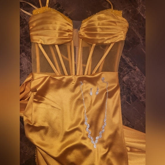 Jolie Strapless Satin Maxi Gown Bundle (Marigold) & Jewelry set - Picture 4 of 8